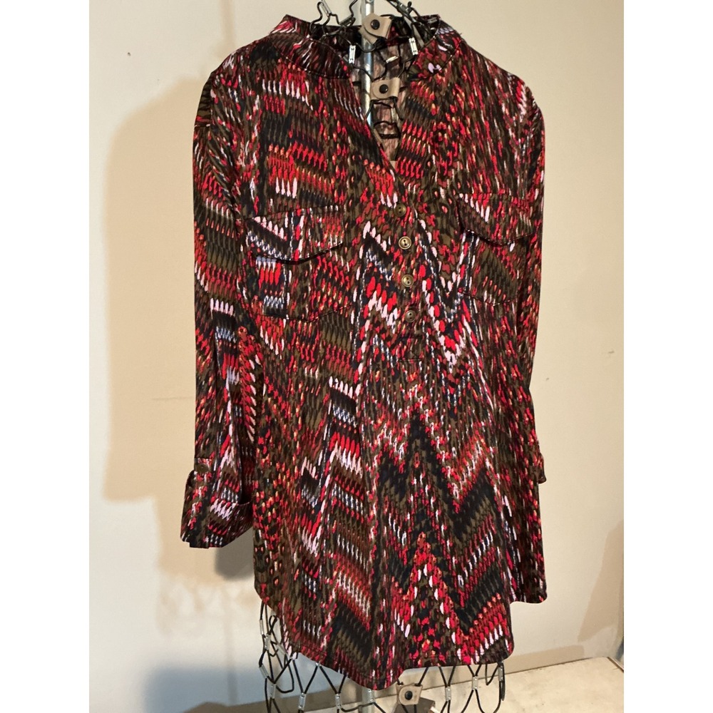 New Directions Petite Tunic Top PXL Olive Rust Sparkle Button Blouse NWT